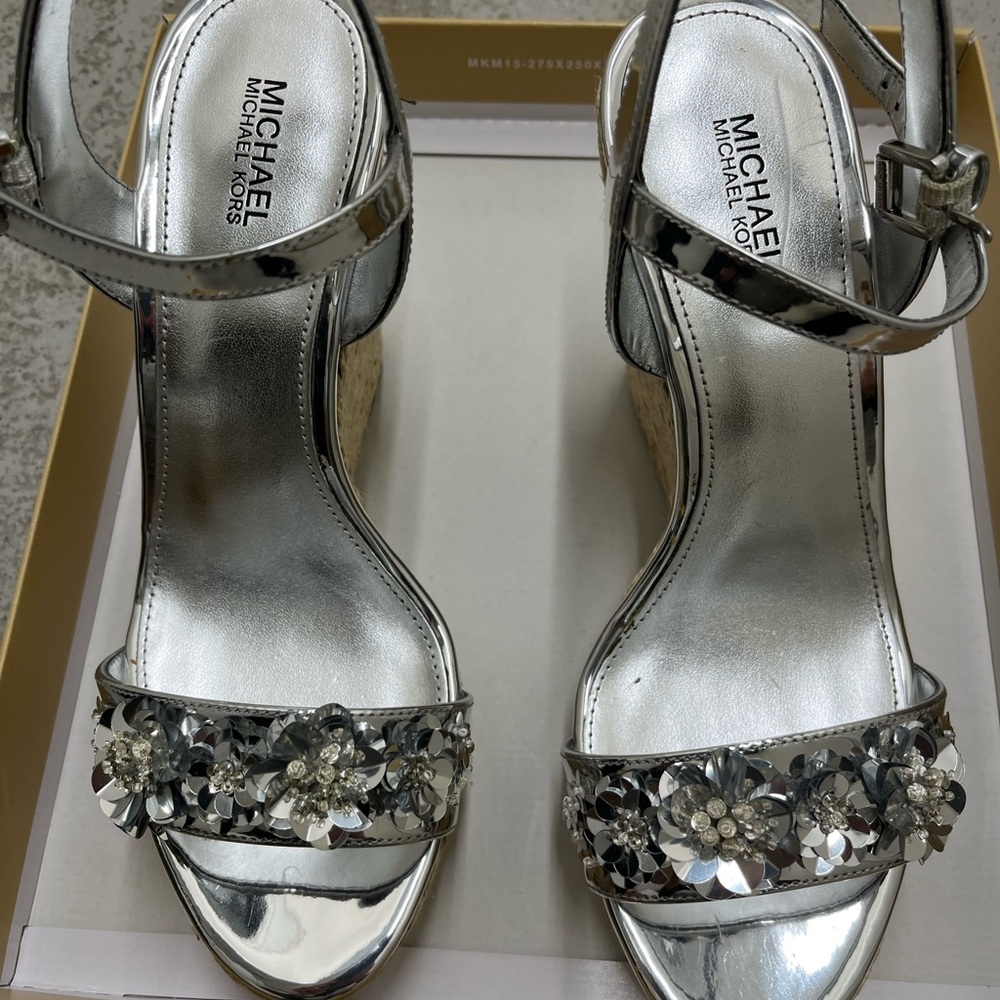 Michael Kors silver metallic Jill Wedge with silver floral pattern